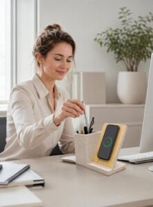 eco more natural wheat 2 in 1 wireless charger pen holder desktop organizer